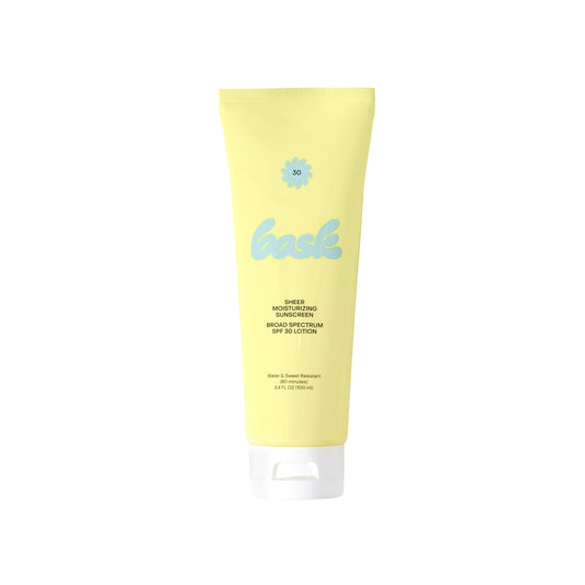 Bask Suncare SPF 30 bottle pour shows a quick, lightweight protection for daily sun