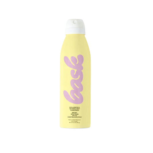 Bask Suncare SPF 50 spray bottle shows easy non-aerosol application.