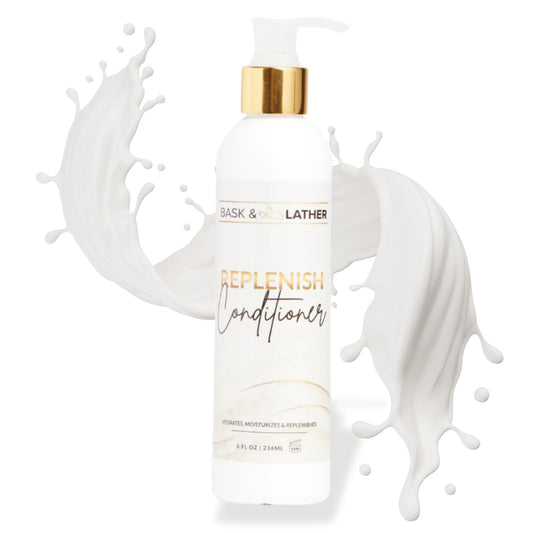 BASK & LATHER Replenish bottle on shelf signaling deep hydration for hair.