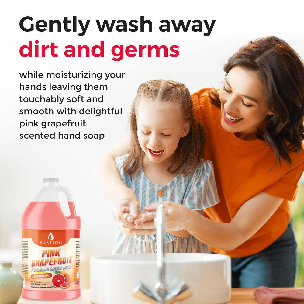 Bastion Pink Grapefruit foaming soap lathers richly for a gentle clean.