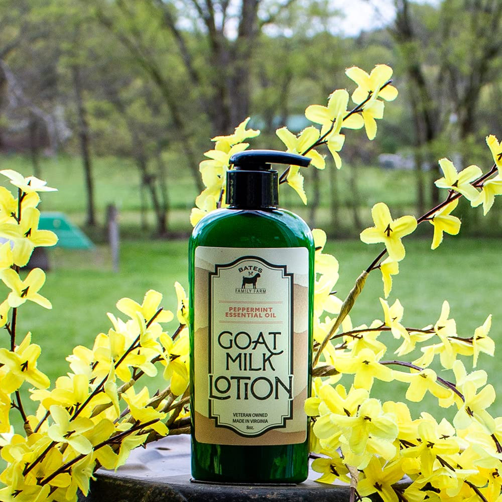 Bates Family Farm Goat Milk Lotion ingredients highlight with vitamin A and lactic acid.