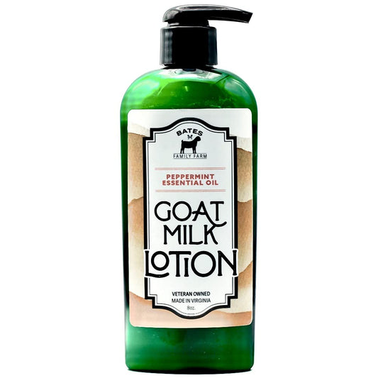 Bates Family Farm Goat Milk Lotion peppermint bottle pour for long-lasting hydration.