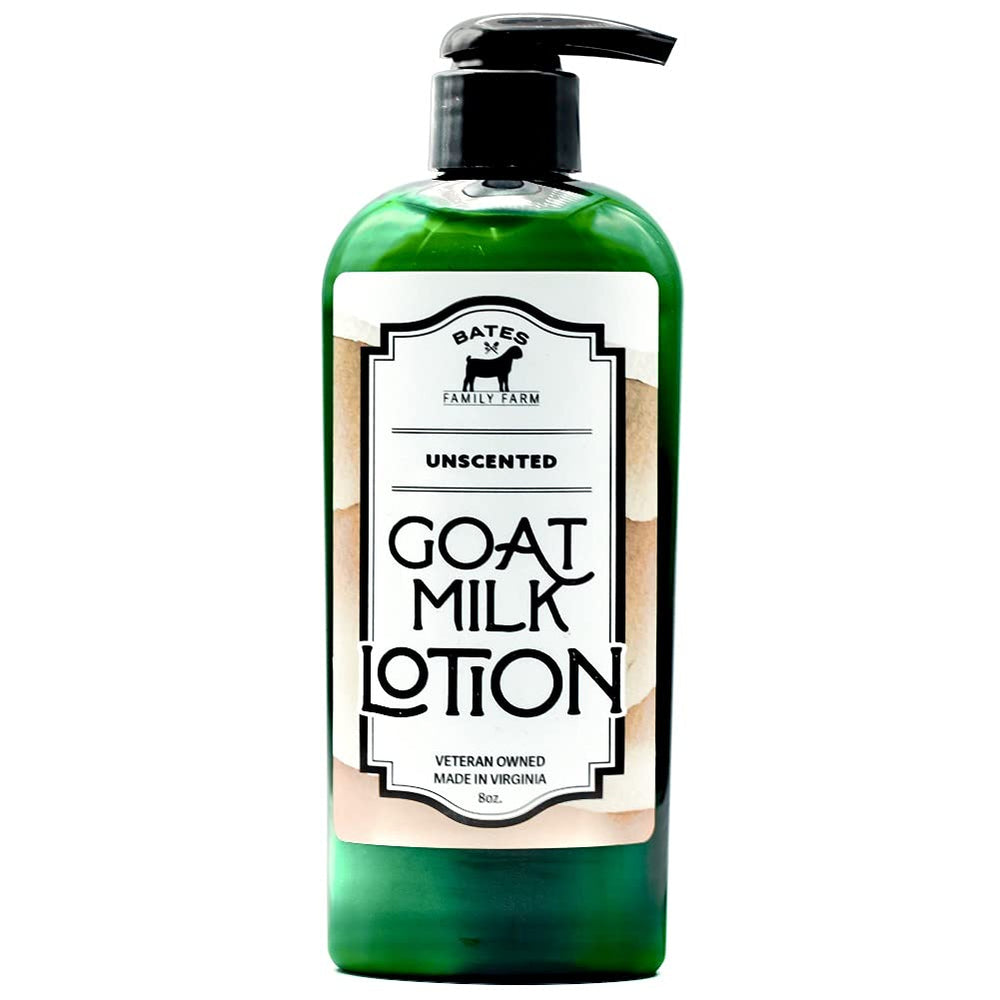 Bates Family Farm Goat Milk and Shea Lotion bottle shows unscented formula for gentle hydration