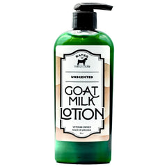 Bates Family Farm Goat Milk and Shea Lotion bottle shows unscented formula for gentle hydration