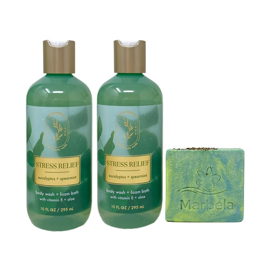 Bath & Body Works Aromatherapy Stress Relief eucalyptus spearmint bottle pour for a refreshing cleanse.