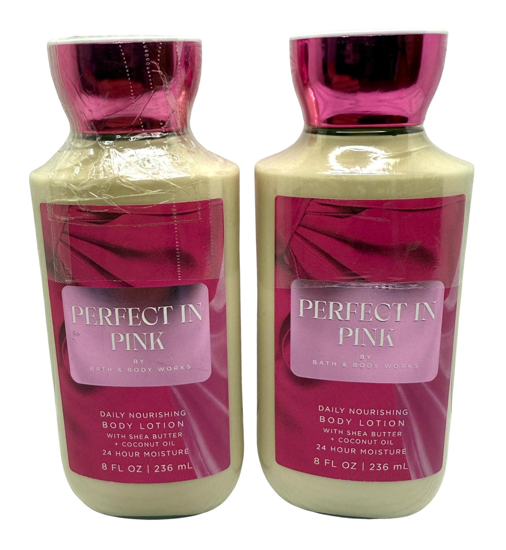 Bath and Body Works Body Perfect in Pink lotion bottle provides daily hydration with cherry notes.