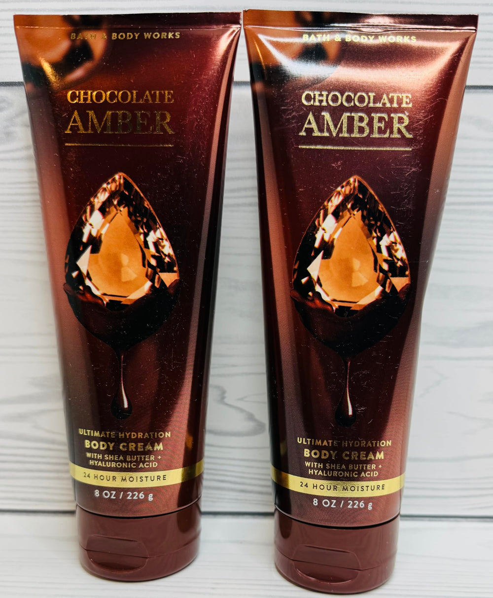Bath & Body Works Chocolate Amber Ultimate Hydration Cream pack shows dual tubes for daily use.