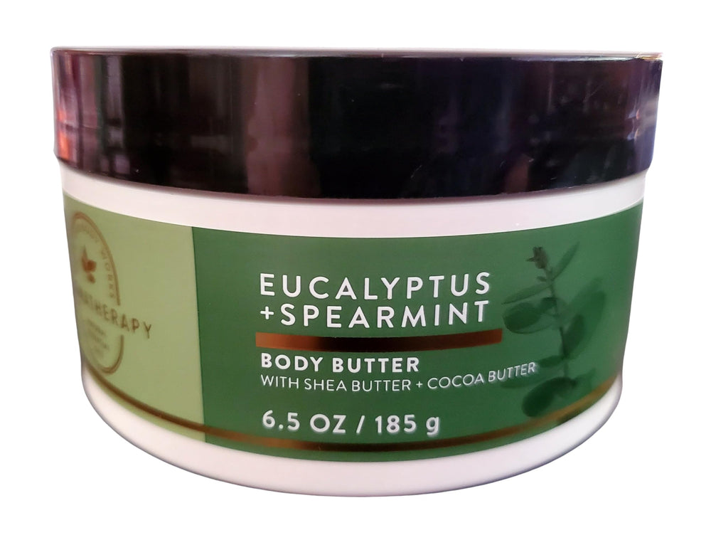 Bath and Body Works Eucalyptus Spearmint aromatherapy body butter jar closeup highlighting rich moisture.