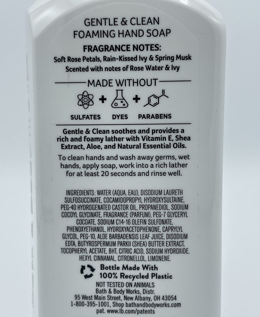 Bath & Body Works foaming hand soap lather close-up with Rose Water & Ivy for fresh cleansing.
