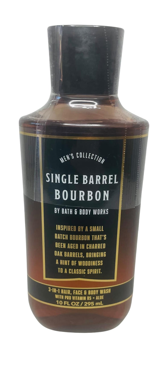 Bath & Body Works Men's Single Barrel Bourbon bottle for daily grooming with rugged aroma.