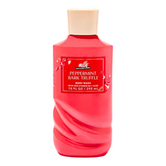 Bath & Body Works Milk Peppermint Bark Truffle body wash bottle pour with creamy lather and refreshing scent.