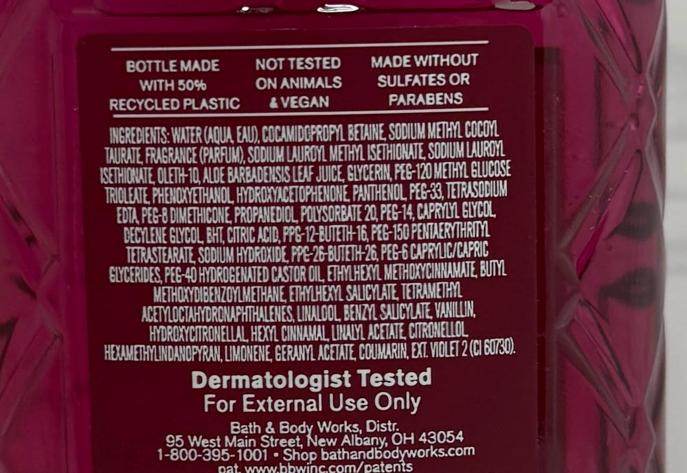 Bath & Body Works Pink Obsessed Wash ingredients like Vitamin E and Aloe