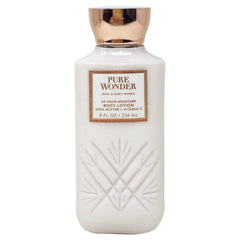 Bath & Body Works Pure Wonder lotion texture close-up shows quick absorption.