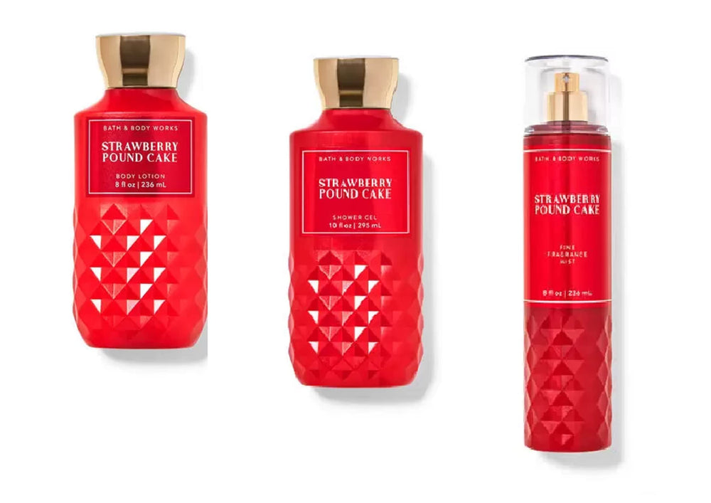 Bath & Body Works Strawberry Pound Cake body lotion, daily trio, helps hydrate skin with a sweet fragrance
