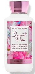 Bath and Body Works Sweet Pea lotion bottle for 24-hour hydration