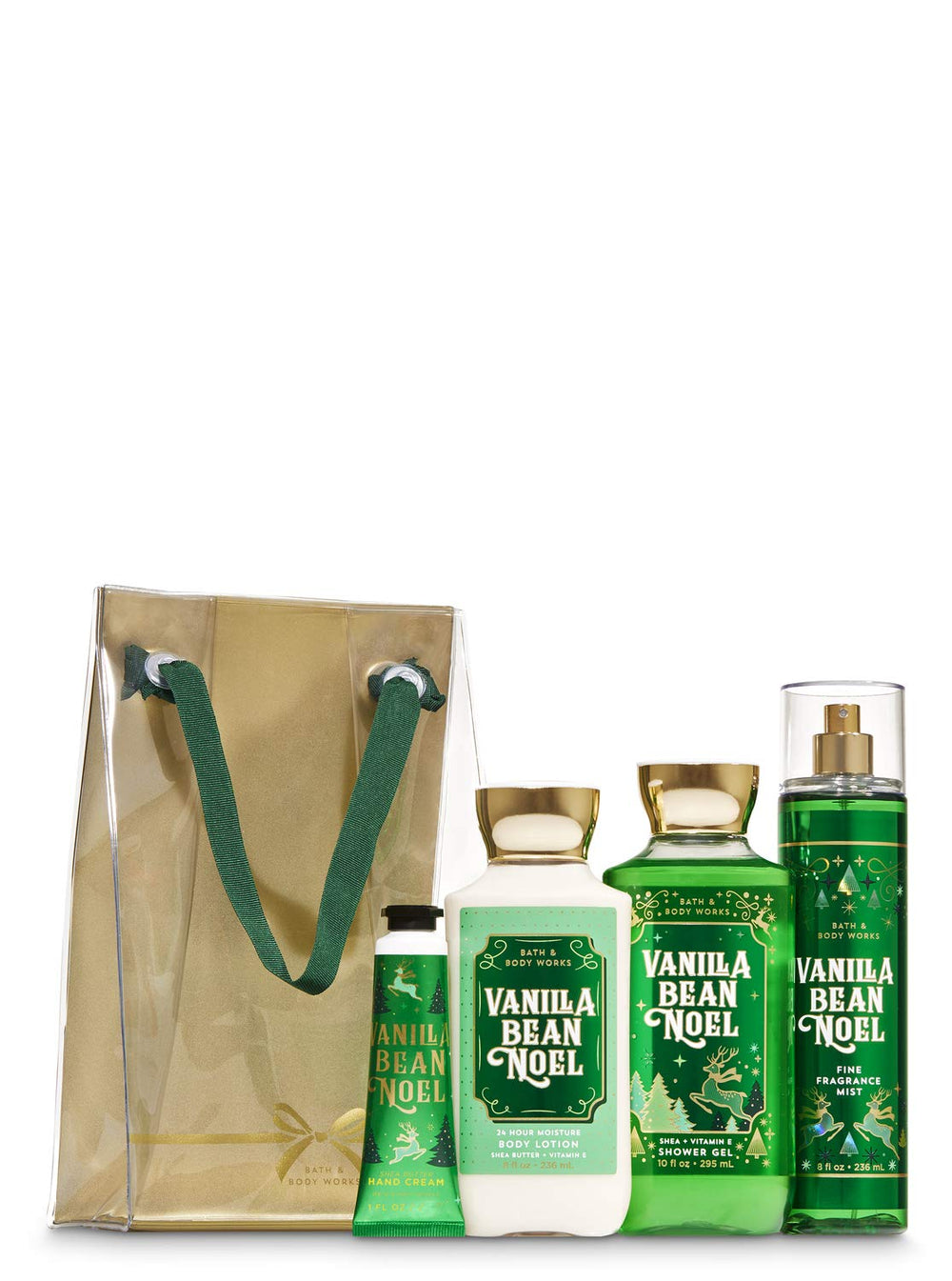 Bath & Body Works Vanilla Bean Noel gift bag with shower gel, lotion, mist, and hand cream—holiday pampering.