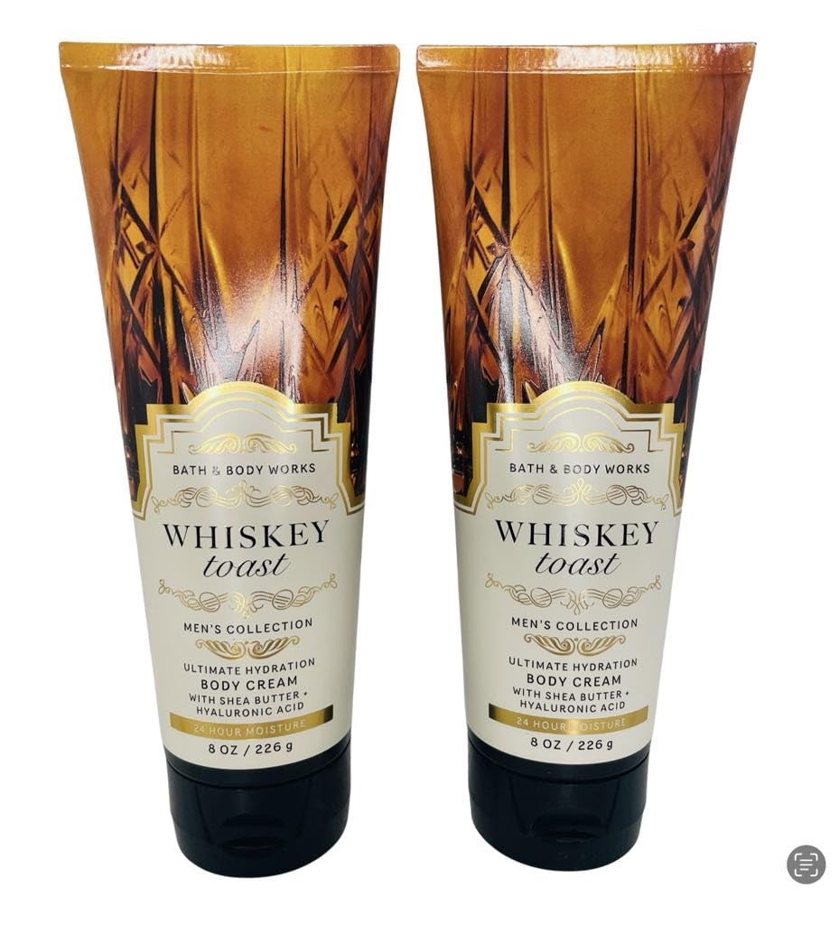 Bath & Body Works Whiskey Toast bottle and cream for daily hydration with citrus-whiskey-wood aroma