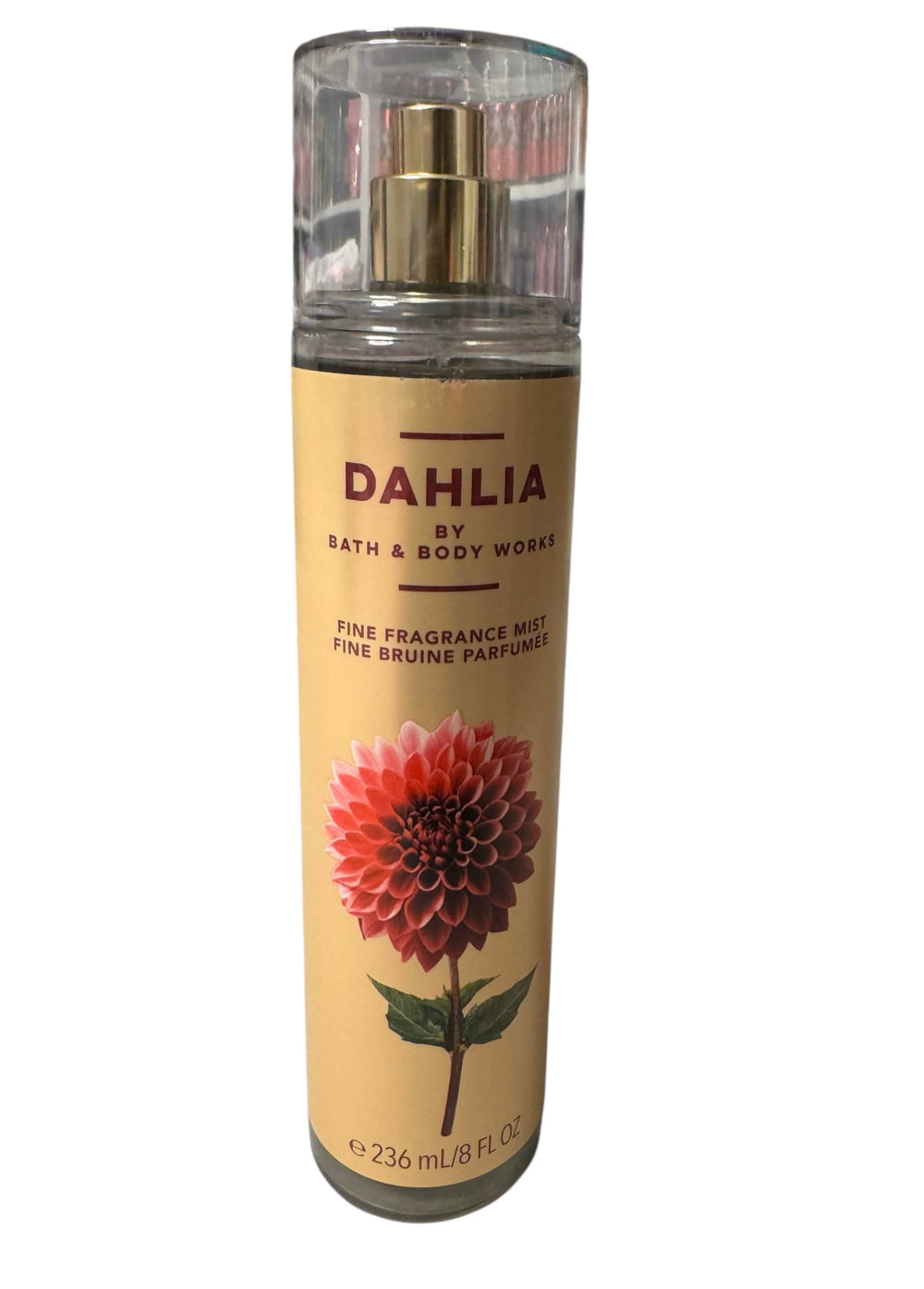 Bath & Body Works Dahlia spray bottle showcasing broad coverage for lasting fragrance.