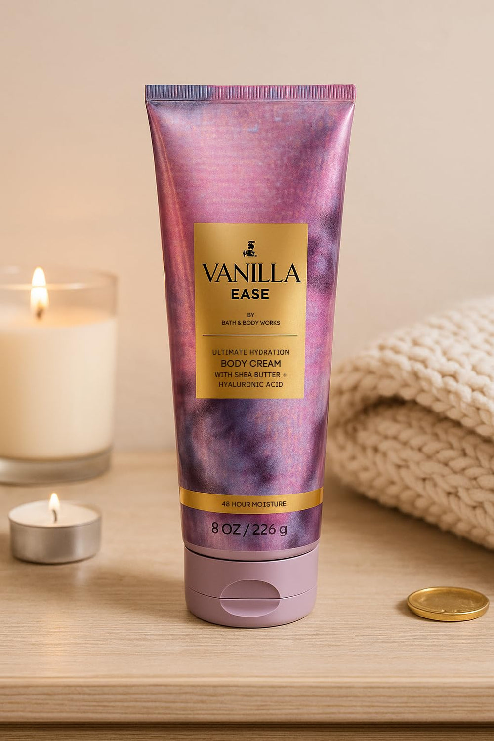 Vanilla Ease packaging label highlights 8 oz size and comforting fragrance profile.