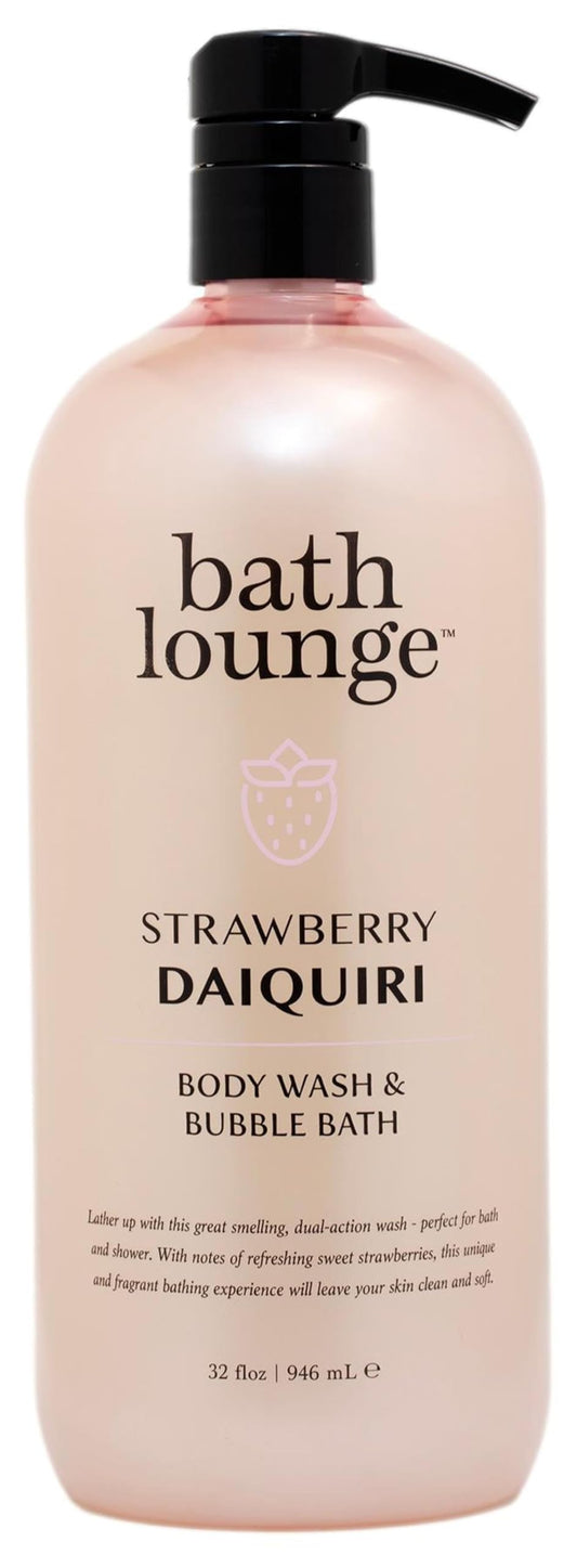 Bath Lounge Strawberry Daiquiri bottle pour, smooth cleansing for daily shower ritual.