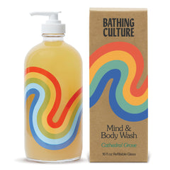 Bathing Culture Cathedral Grove bottle on a shelf with eco-friendly packaging supporting sustainable routines.