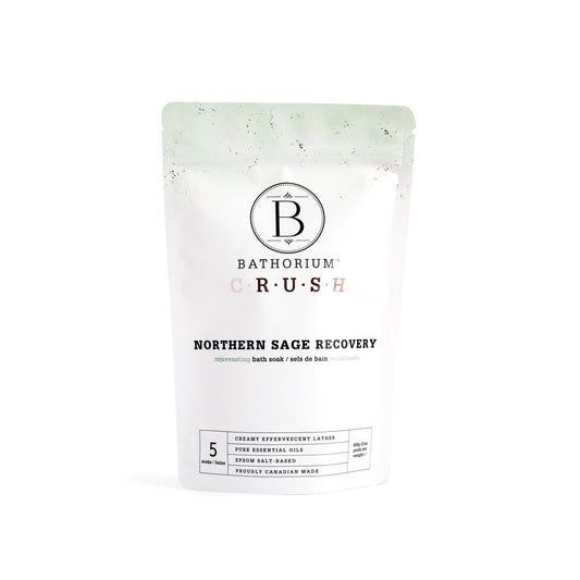 Bathorium Northern Sage Recovery Crush bag front label suggesting a soothing self-care ritual