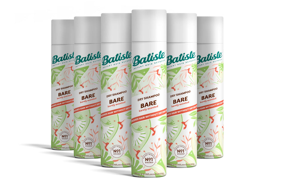 Batiste Bare dry shampoo bottle with light scent for quick refresh