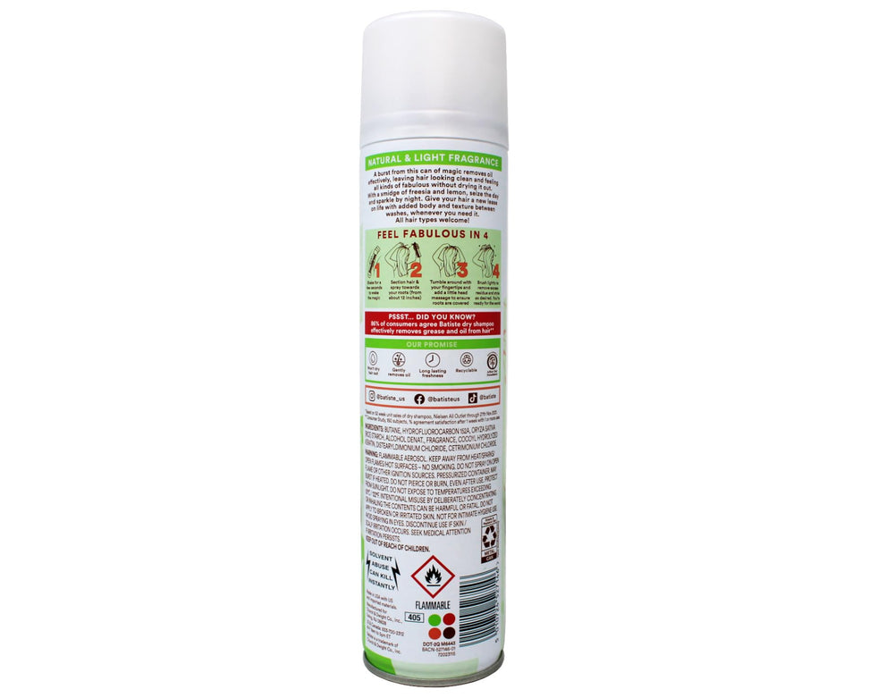 Batiste Bare spray application targets oily roots for lightweight freshness.
