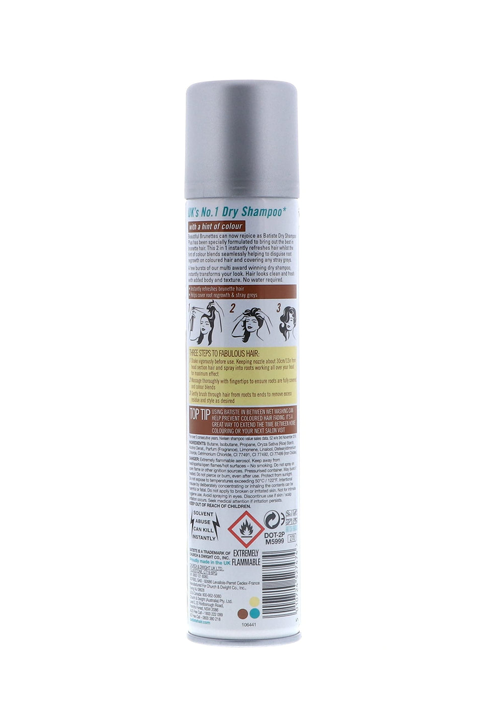 Back of can shows brunette shade that blends with dark hair