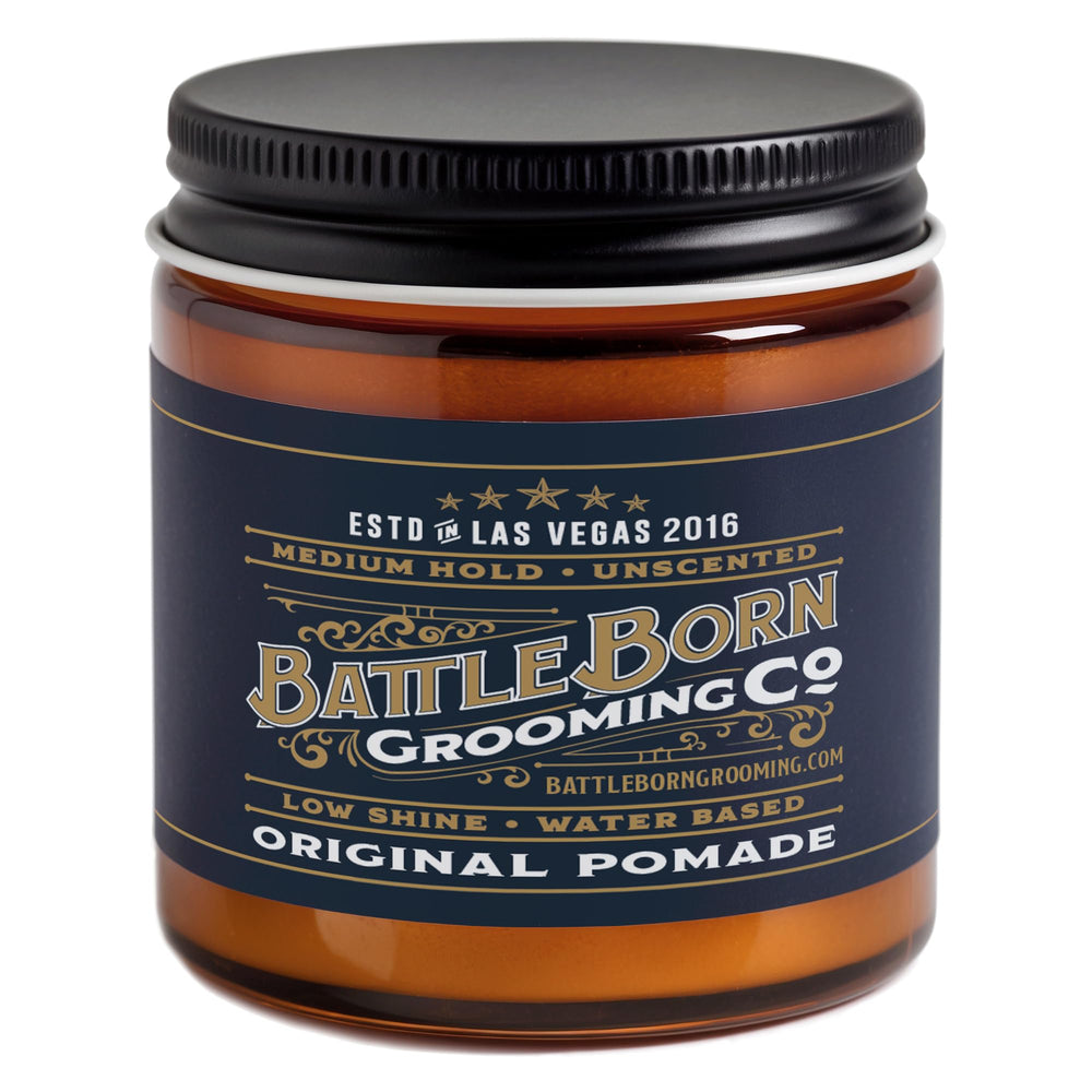 Battle Born Original Pomade unscented 4 oz bottle close-up, easy wash-out with water-based formula