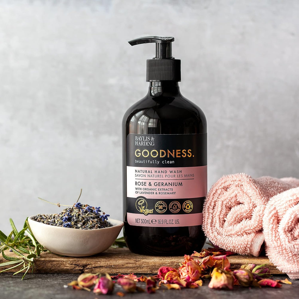 Bathroom or kitchen scene with Baylis & Harding hand soap in use.