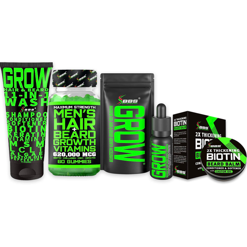 Beard growth serum bottle from BBS Best Beard Stuff supports fuller beard potential.