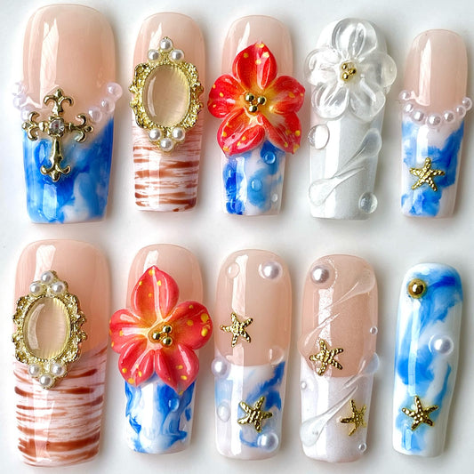 BByogooz ocean design azure press-on nails in chic gradient for daily wear
