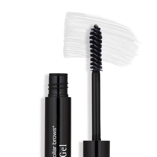 Billion Dollar Brows clear gel bottle with wand offers flexible, waterproof hold.