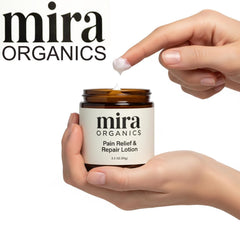 BDQBDQ Mira Organics Pain Relief Cream application on skin offers soothing relief.