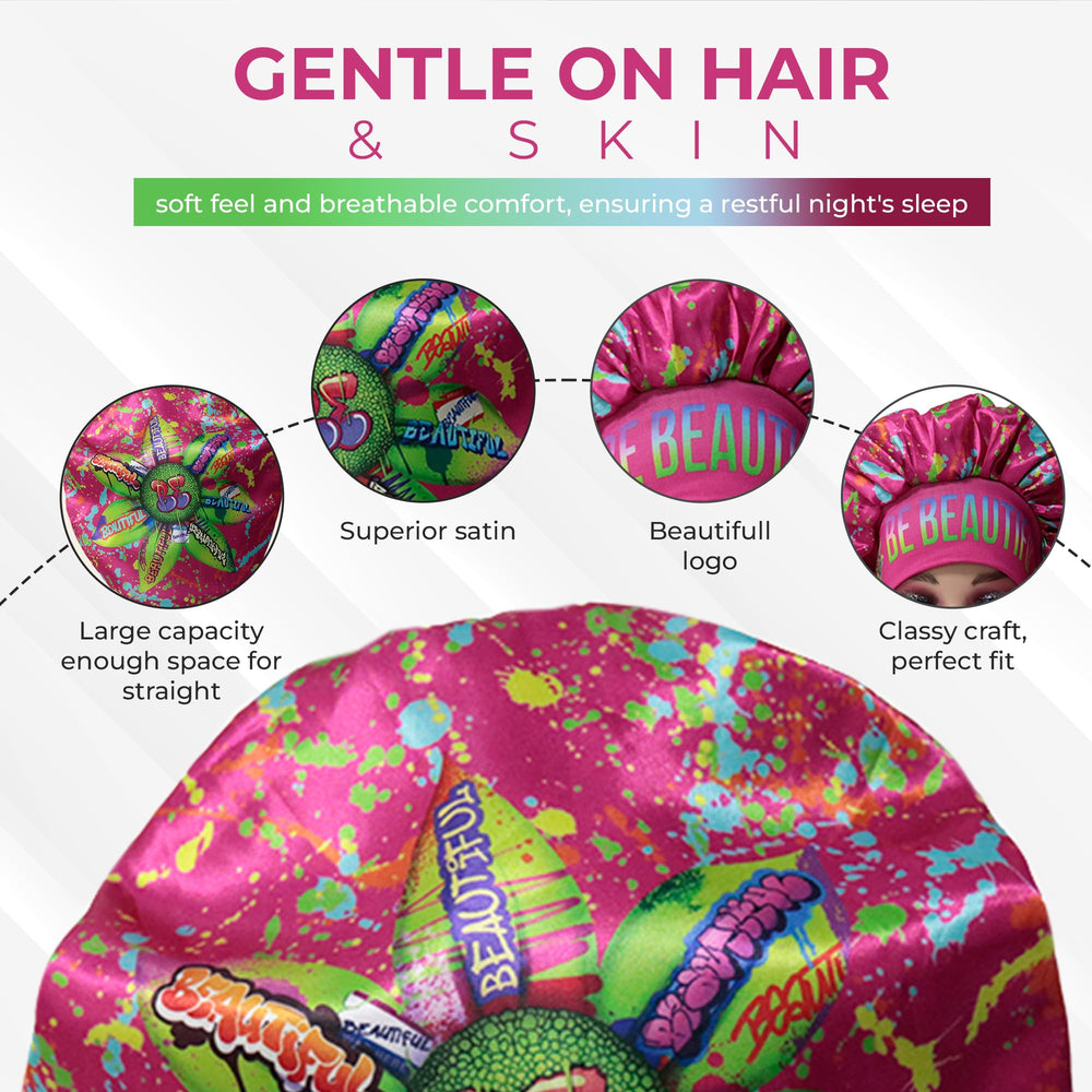 BE BEAUTIFUL EXTENSIONS bonnet with elastic band worn during sleep for secure fit.