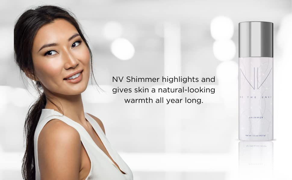 BE THE ENVY NV Perfecting Mist Shimmer application on skin demonstrates buildable coverage and soft luminosity.