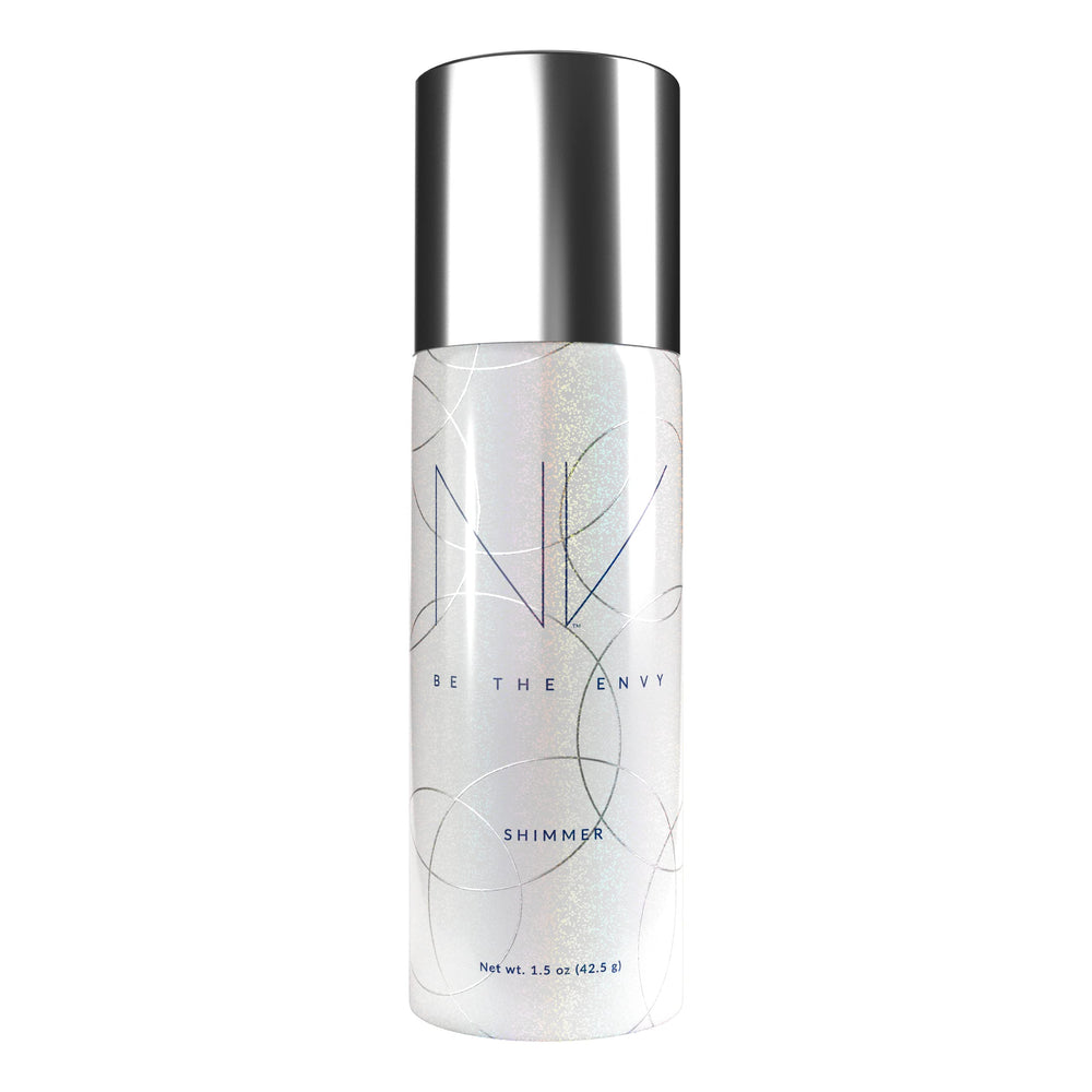 BE THE ENVY NV Perfecting Mist Shimmer bottle close-up highlighting a pearl glow for subtle radiance.
