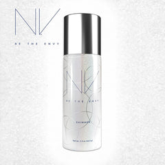 BE THE ENVY NV Perfecting Mist Shimmer packaging with plant-based ingredients close-up.