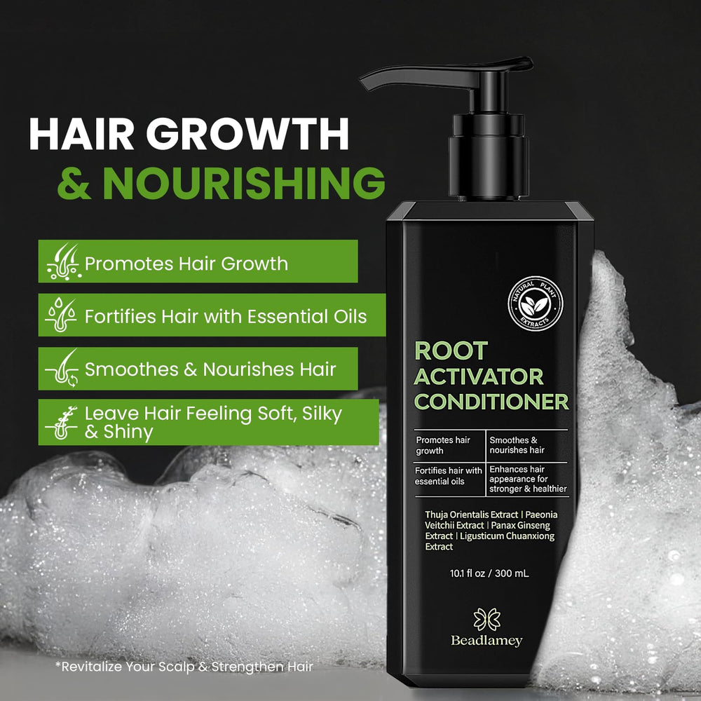 Beadlamey Root Activator Conditioner close-up shows premium bottle and strong hair potential