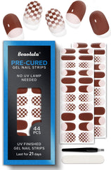 Beaolata Chestnut Brown pre-cured gel nail strips pack showing color and finish.