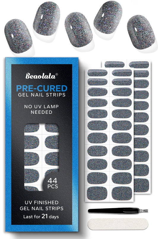Beaolata Cool Silver pre-cured gel nail strips for a glossy salon look.