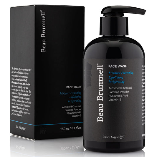 Beau Brummell charcoal face wash bottle pour shows detox-ready cleansing for daily use