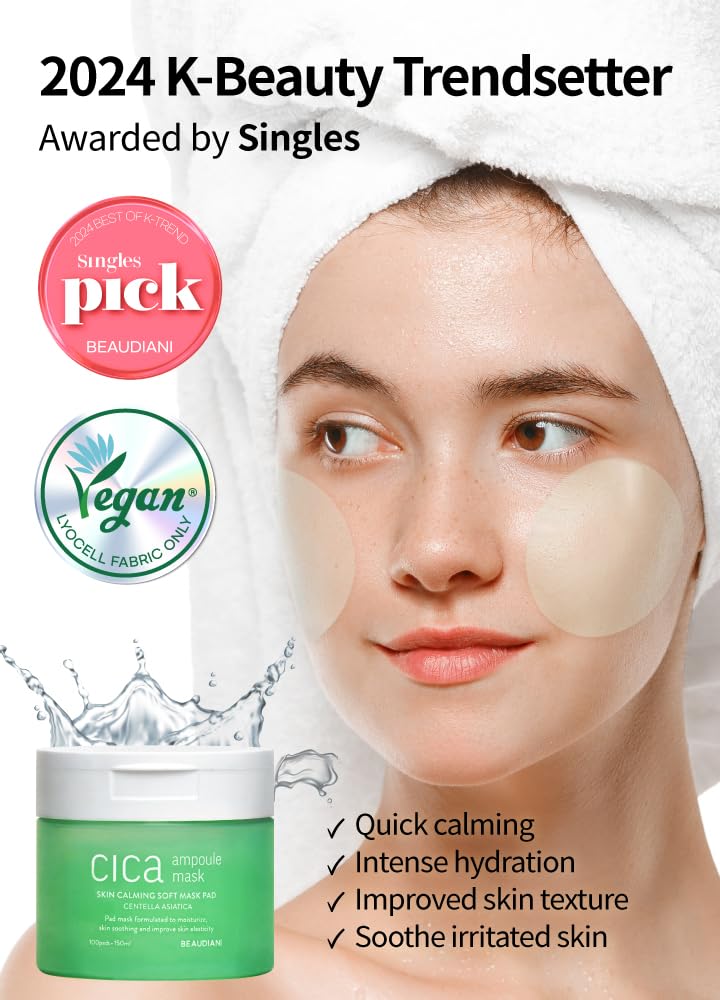 Close-up of BEAUDIANI CICA pad showing 3026ppm Centella content for soothing care
