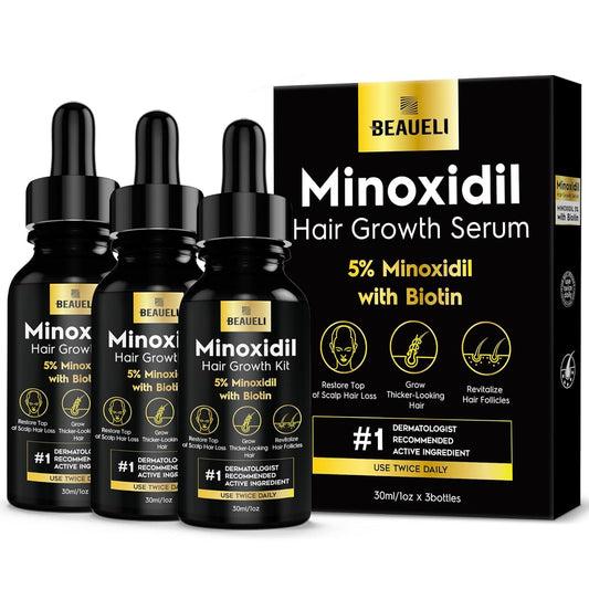 Beaueli 5% Minoxidil bottle ready for easy application to thinning areas.