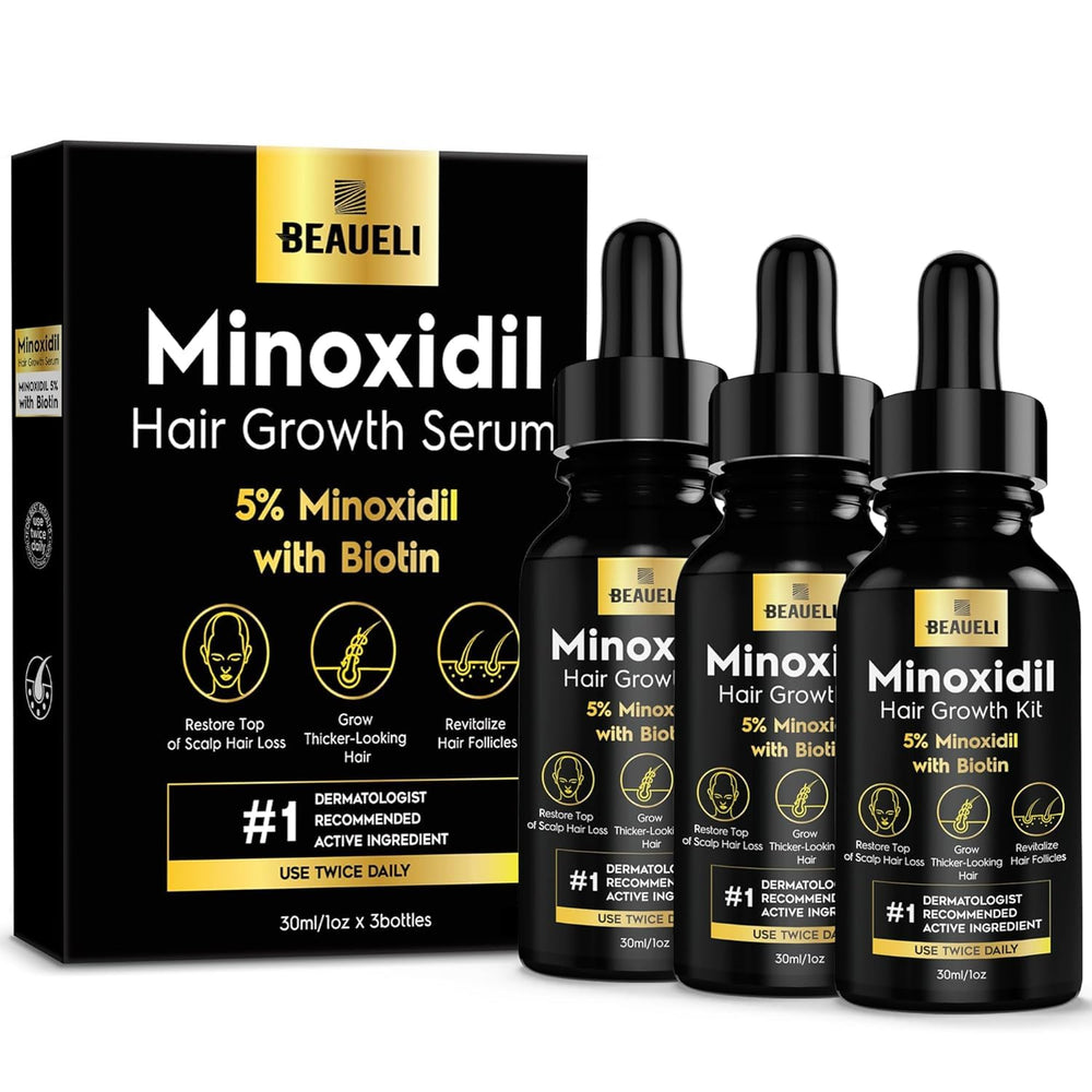 Beaueli 5% Minoxidil bottle shows unisex formula for thinning hair