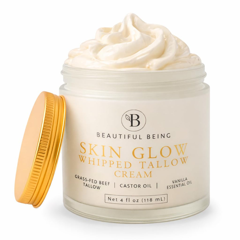 Beautiful Being Skin Glow vanilla-cream-jar: light aroma and gentle hydration for dry skin.