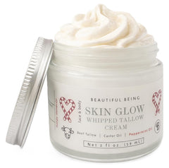 Beautiful Being Skin Glow whipped tallow jar closeup shows creamy texture for deep hydration.