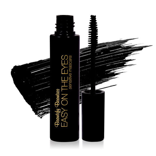 BeautifyBeauties Easy On The Eyes mascara bottle shows hypoallergenic formula for sensitive eyes.