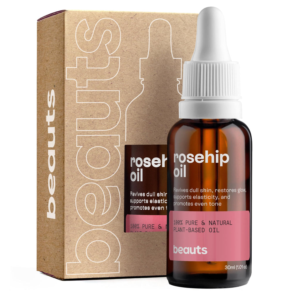 Beauts Rosehip Seed Oil bottle on a clean surface for daily skincare.